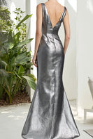 Load image into Gallery viewer, Dark Grey Satin Sheath Long Formal Dress with 3D Flowers