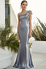 Load image into Gallery viewer, Dark Grey Sheath Satin Long Formal Dress with 3D Flowers