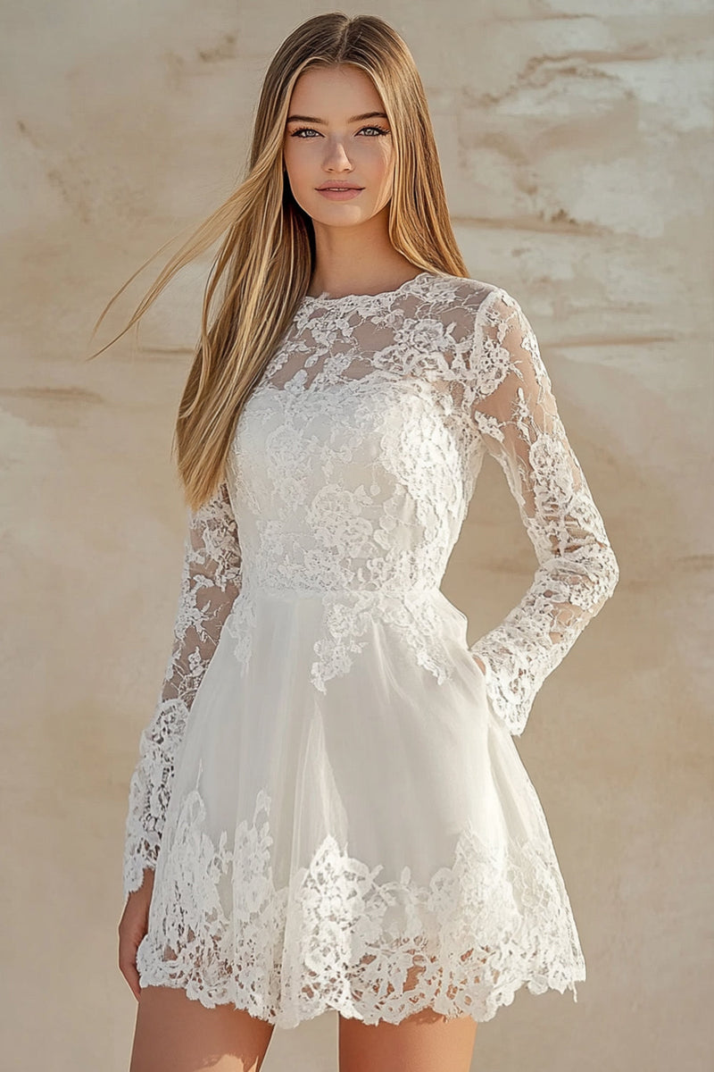 Queendancer Women White Lace Scoop Neck A Line Short Graduation Dress Embroideried Long Sleeves Little White Dress queendanceruk Queendancer Women White Lace Scoop Neck A Line Short Graduation Dress Embroideried Long Sleeves Little White Dress queendanceruk