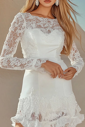 A Line White Lace Boat Neck Mini Graduation Dress
