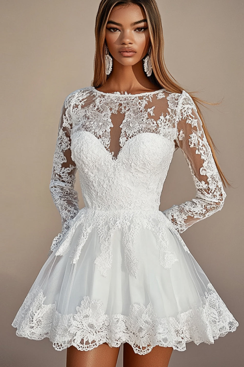 White A Line Lace Embroidered Lone Sleeves Mini Graduation Dress