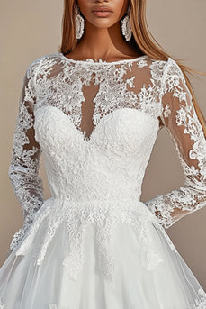 White A Line Lace Embroidered Lone Sleeves Mini Graduation Dress