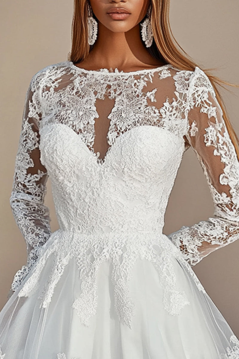 Load image into Gallery viewer, White A Line Lace Embroidered Lone Sleeves Mini Graduation Dress
