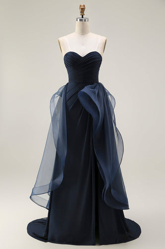 Navy Strapless Satin Long Ruffled Prom Dress with Cape