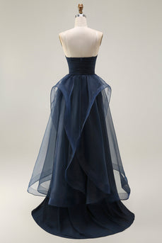 Navy Strapless Satin Long Ruffled Prom Dress with Cape