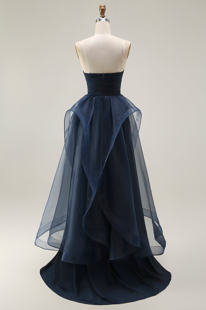 Load image into Gallery viewer, Navy Strapless Satin Long Ruffled Prom Dress with Cape