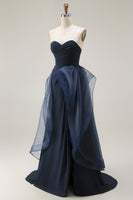 Load image into Gallery viewer, Navy Strapless Satin Long Ruffled Prom Dress with Cape