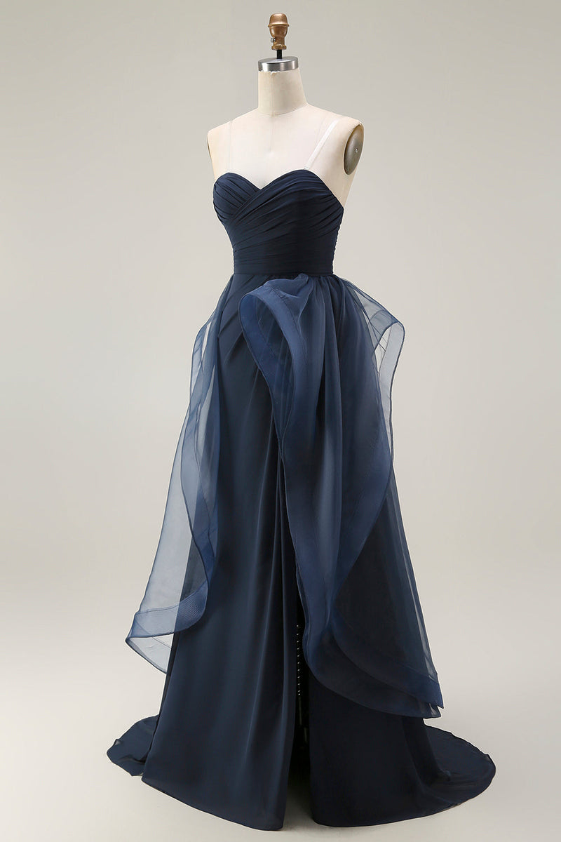 Load image into Gallery viewer, Navy Strapless Satin Long Ruffled Prom Dress with Cape