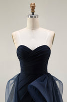 Load image into Gallery viewer, Navy Strapless Satin Long Ruffled Prom Dress with Cape