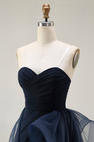 Load image into Gallery viewer, Navy Strapless Satin Long Ruffled Prom Dress with Cape