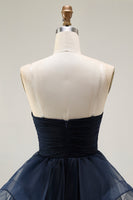 Load image into Gallery viewer, Navy Strapless Satin Long Ruffled Prom Dress with Cape