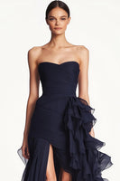 Load image into Gallery viewer, Strapless Navy Sheath Formal Dress with Ruffled Slit