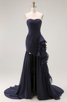 Load image into Gallery viewer, Navy Strapless Ruffled Maxi Mermaid Formal Dress with Side Cape