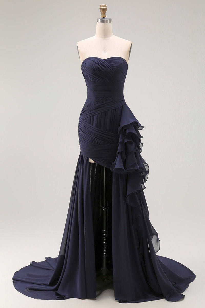 Load image into Gallery viewer, Navy Strapless Ruffled Maxi Mermaid Formal Dress with Side Cape