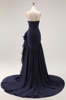 Load image into Gallery viewer, Navy Strapless Ruffled Maxi Mermaid Formal Dress with Side Cape