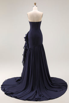 Navy Strapless Ruffled Maxi Mermaid Formal Dress with Side Cape