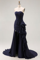 Load image into Gallery viewer, Navy Strapless Ruffled Maxi Mermaid Formal Dress with Side Cape