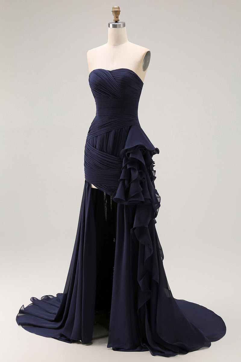 Load image into Gallery viewer, Navy Strapless Ruffled Maxi Mermaid Formal Dress with Side Cape