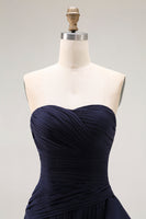 Load image into Gallery viewer, Navy Strapless Ruffled Maxi Mermaid Formal Dress with Side Cape