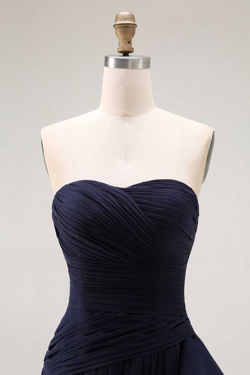 Load image into Gallery viewer, Navy Strapless Ruffled Maxi Mermaid Formal Dress with Side Cape