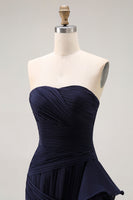 Load image into Gallery viewer, Navy Strapless Ruffled Maxi Mermaid Formal Dress with Side Cape