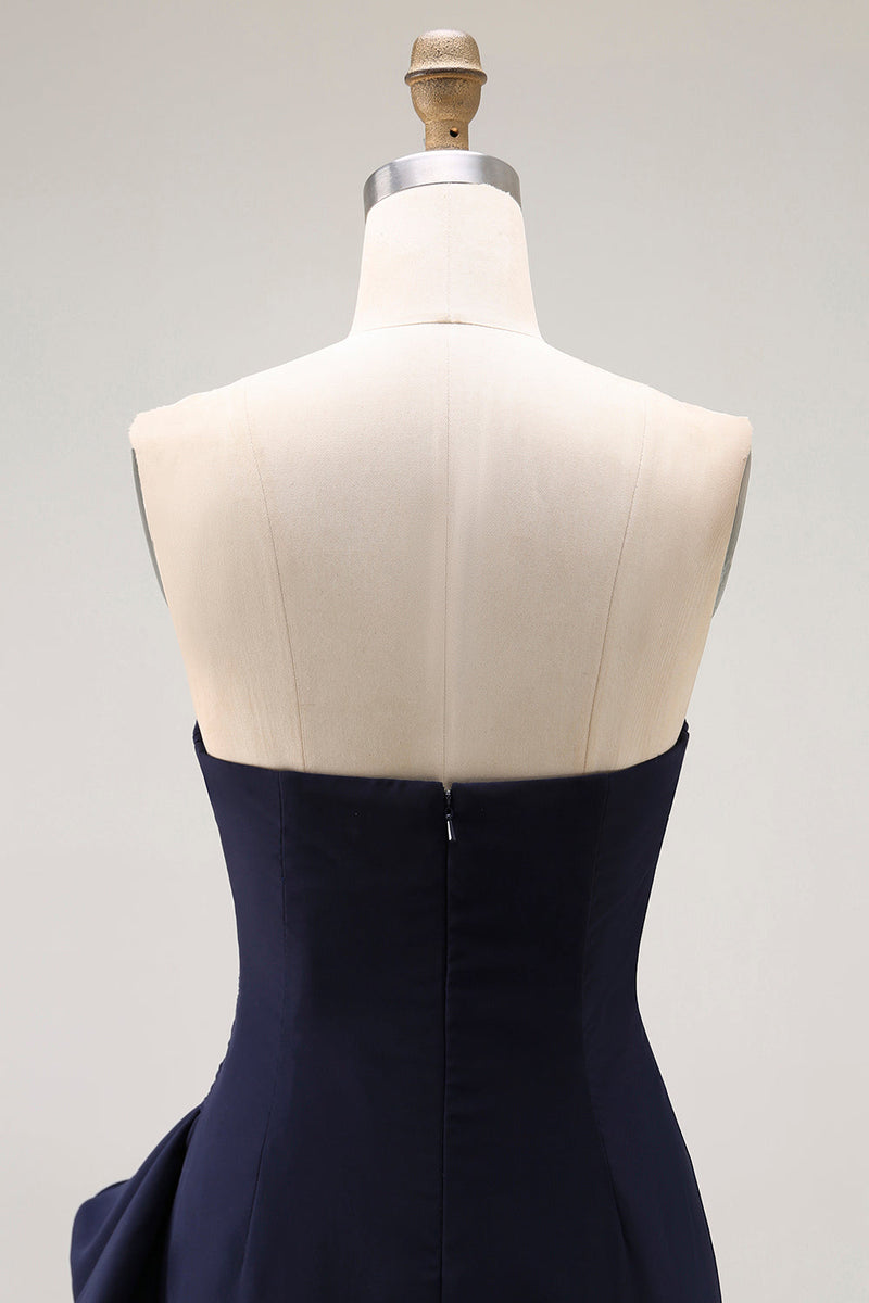 Load image into Gallery viewer, Navy Strapless Ruffled Maxi Mermaid Formal Dress with Side Cape