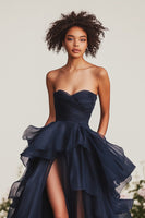 Load image into Gallery viewer, Navy Strapless Ruched Tiered Long Formal Dress with Slit