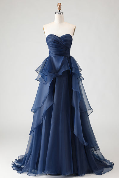 Navy chiffon strapless formal dress with sweetheart neckline, ruched tiers, and thigh-high slit for prom or wedding.