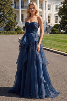 Navy Strapless Ruched Tiered Long Formal Dress with Slit