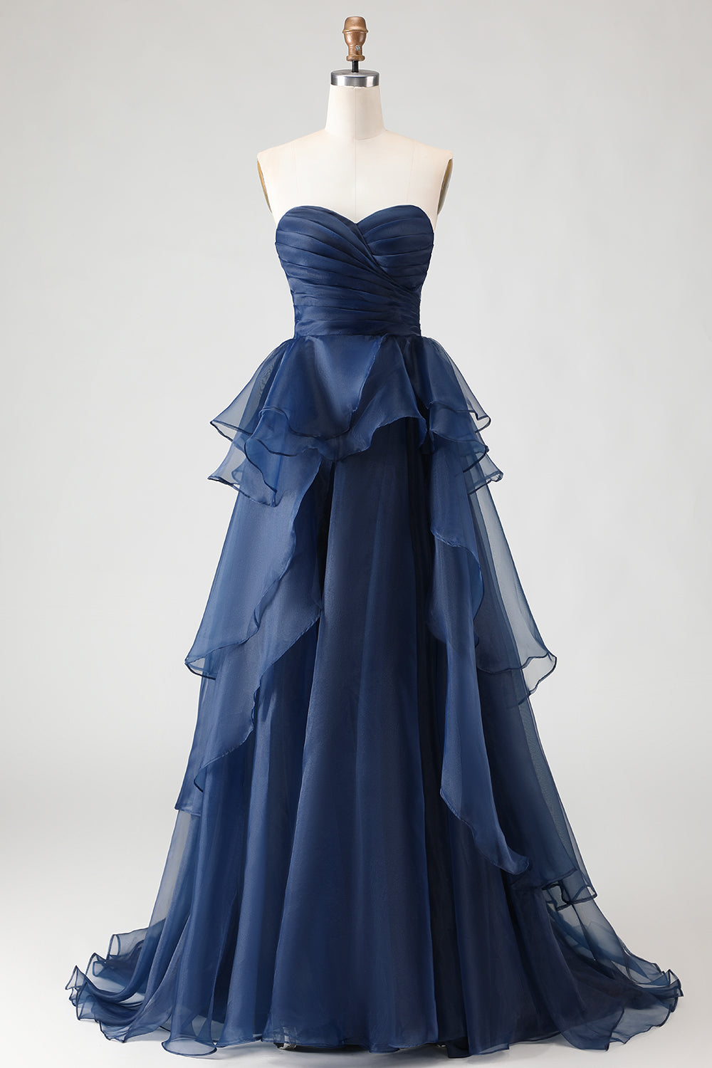 Navy chiffon strapless formal dress with sweetheart neckline, ruched tiers, and thigh-high slit for prom or wedding.