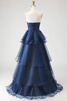 Load image into Gallery viewer, Navy Ruched Strapless Tiered Long Formal Dress with Slit