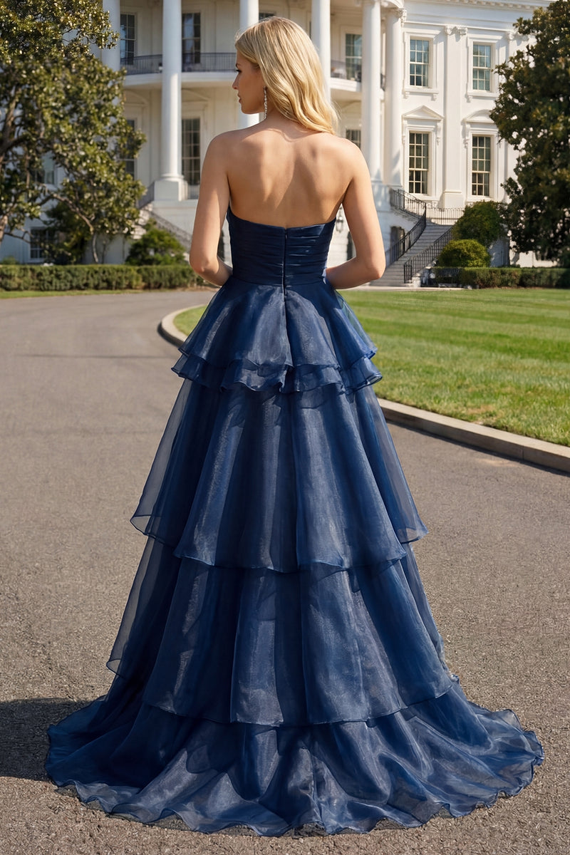 Load image into Gallery viewer, Navy Ruched Strapless Tiered Long Formal Dress with Slit