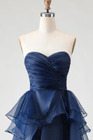 Load image into Gallery viewer, Navy Ruched Strapless Tiered Long Formal Dress with Slit