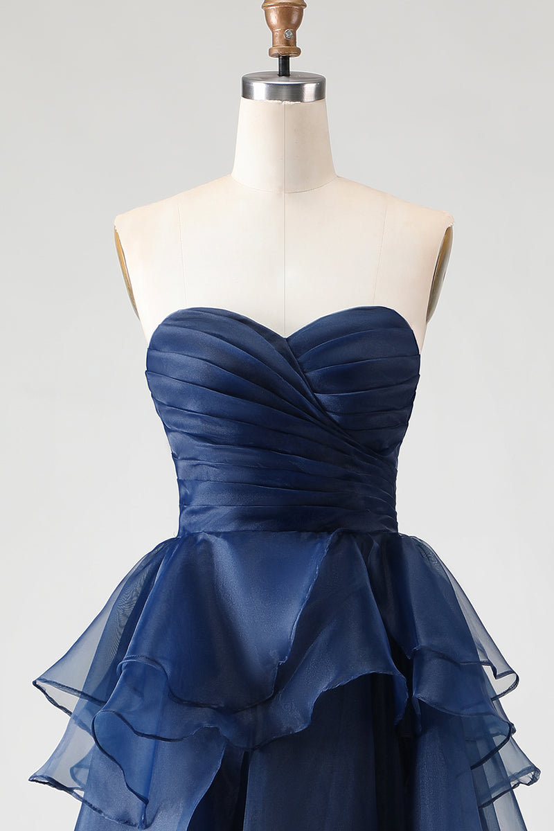 Load image into Gallery viewer, Navy Ruched Strapless Tiered Long Formal Dress with Slit