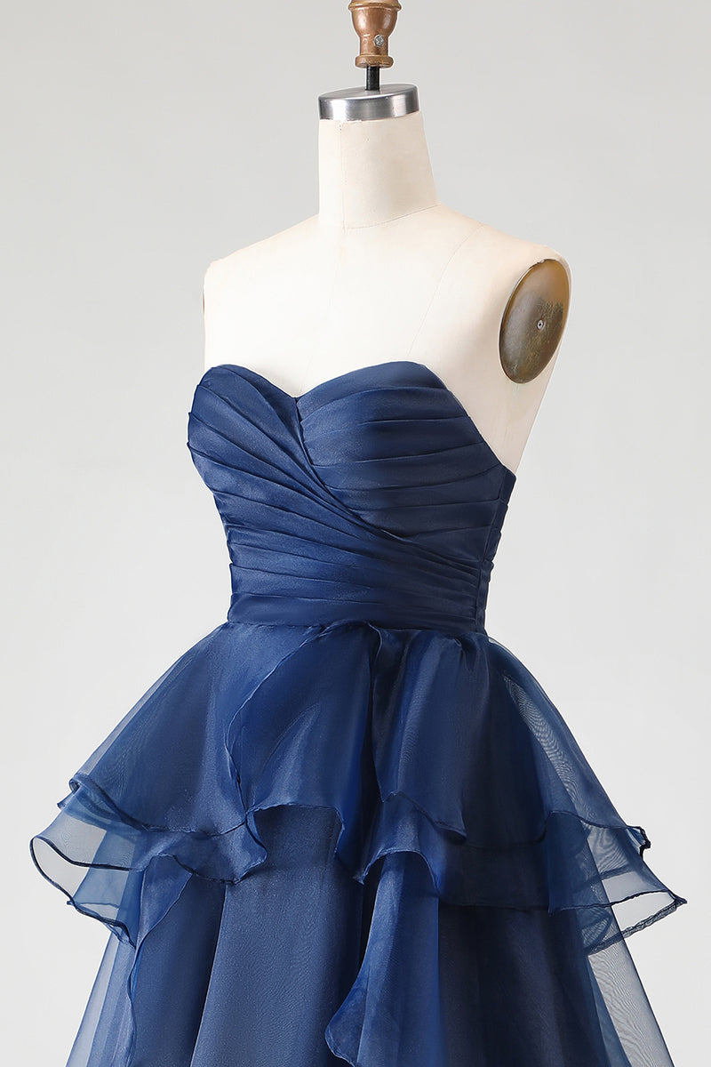 Load image into Gallery viewer, Navy Ruched Strapless Tiered Long Formal Dress with Slit