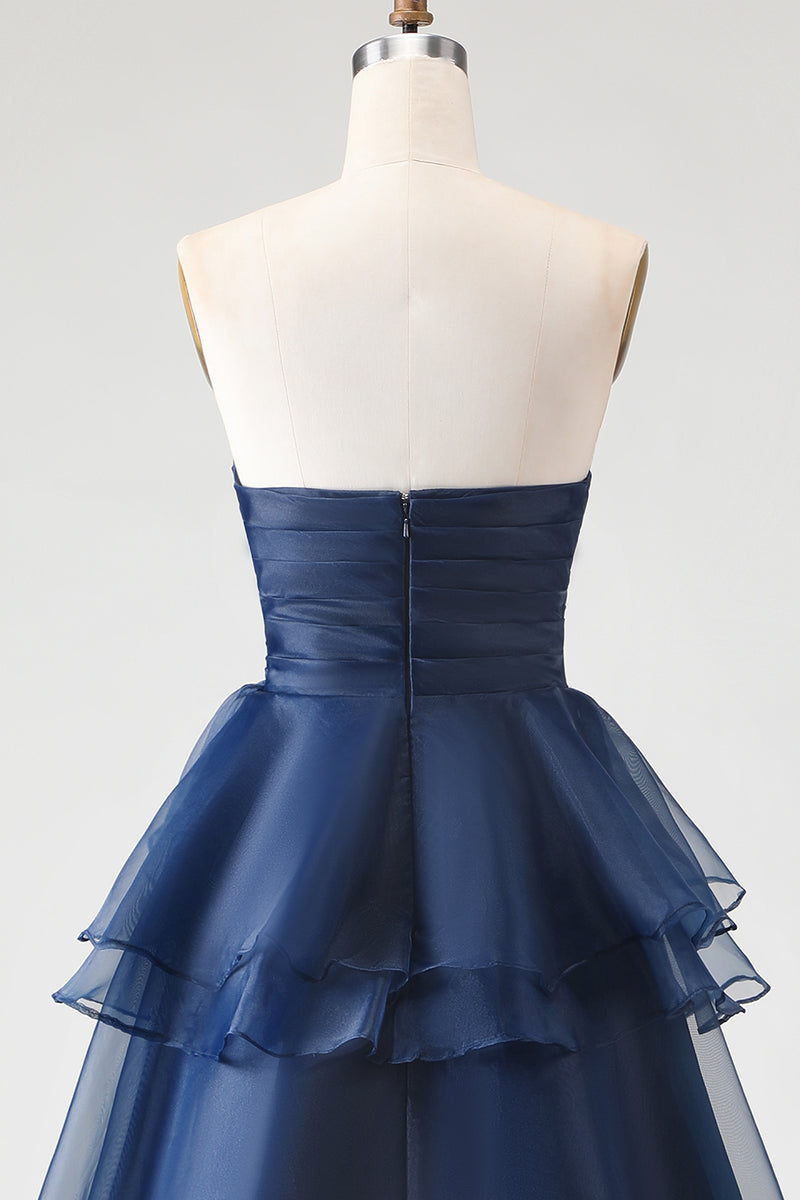 Load image into Gallery viewer, Navy Ruched Strapless Tiered Long Formal Dress with Slit