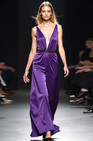 Load image into Gallery viewer, Deep V-Neck Dark Purple Ruched Long Gala Dress