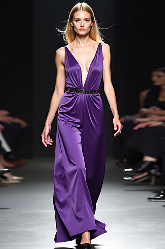 Deep V-Neck Dark Purple Ruched Long Gala Dress