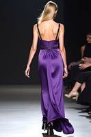 Load image into Gallery viewer, Deep V-Neck Dark Purple Ruched Long Gala Dress