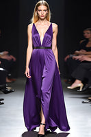 Load image into Gallery viewer, Deep V-Neck Dark Purple Ruched Long Gala Dress