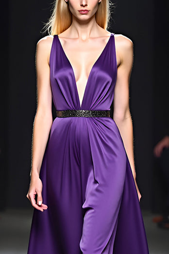 Deep V-Neck Dark Purple Ruched Long Gala Dress