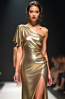 Load image into Gallery viewer, One Shoulder Golden Sheath Long Gala Dress with Slit