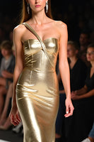 Load image into Gallery viewer, Glitter Sweetheart Golden Long Gala Dress with Slit