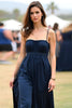 Load image into Gallery viewer, Navy Spaghetti Straps A Line Satin Long Formal Dress