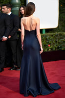 Load image into Gallery viewer, Navy Strapless Satin A Line Long Gala Dress