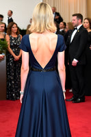 Load image into Gallery viewer, Ruched A Line Navy Satin Long Gala Dress with Short Sleeves