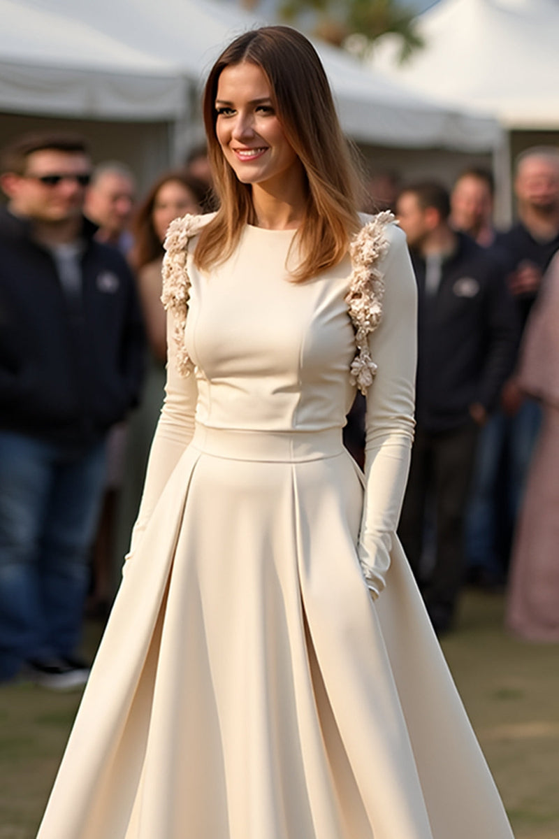 Load image into Gallery viewer, Apricot Scoop Floral A Line Long Formal Dress with Sleeves