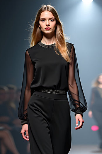 Scoop Black Column Gala Jumpsuit with Long Sleeves