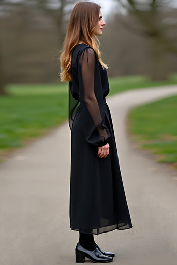 Black Scoop Column Formal Dress with Long Sleeves