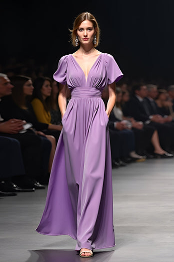Purple A Line Ruched Long Gala Dress with Short Sleeves